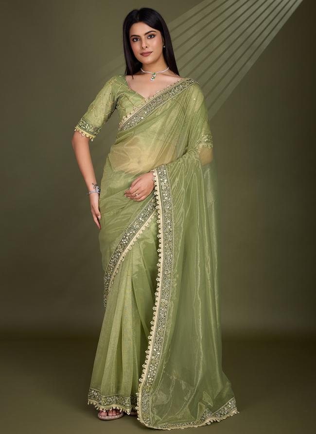 Gold Infused Twill Green Party Wear Embroidery Work Saree